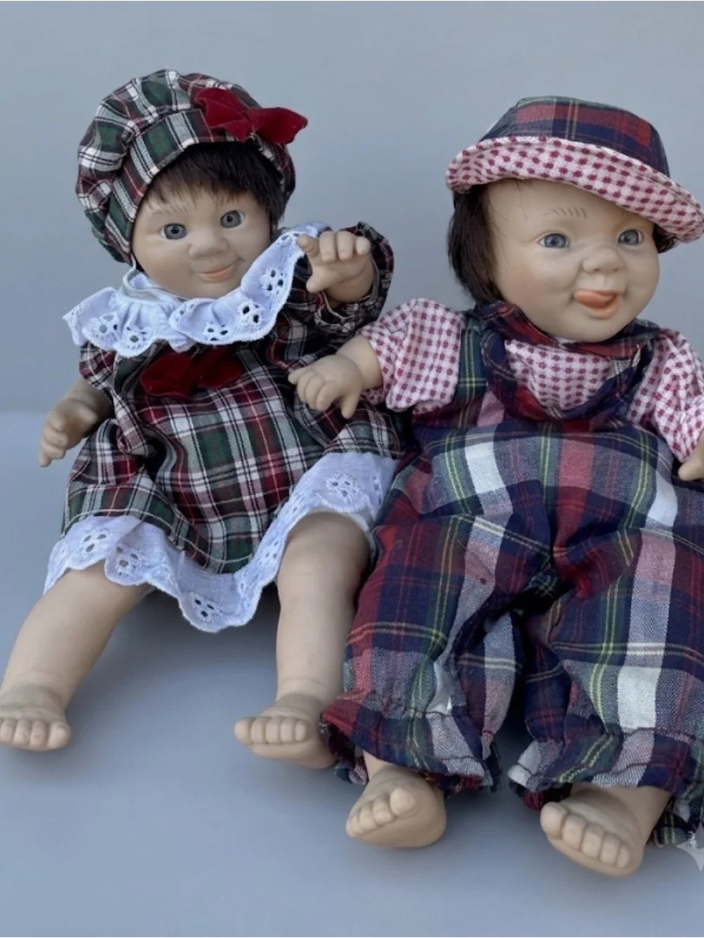 Beautiful Vintage Twin Dolls in Matching Plaid Outfits - 8”